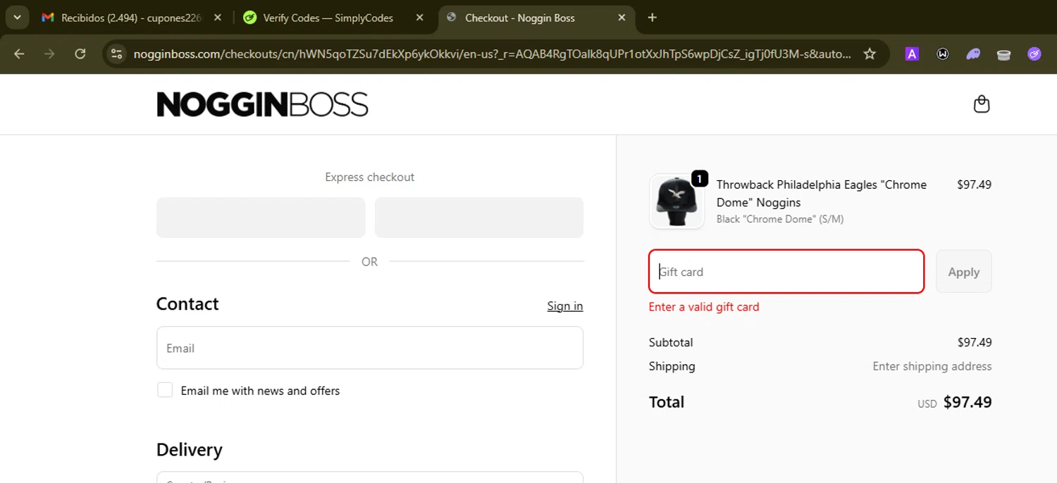 Noggin Boss discount code screenshot showing code WELCOME10 applied at Noggin Boss checkout page. Uploaded by SimplyCodes community member SilverMonarch6357 on Nov 29, 2025