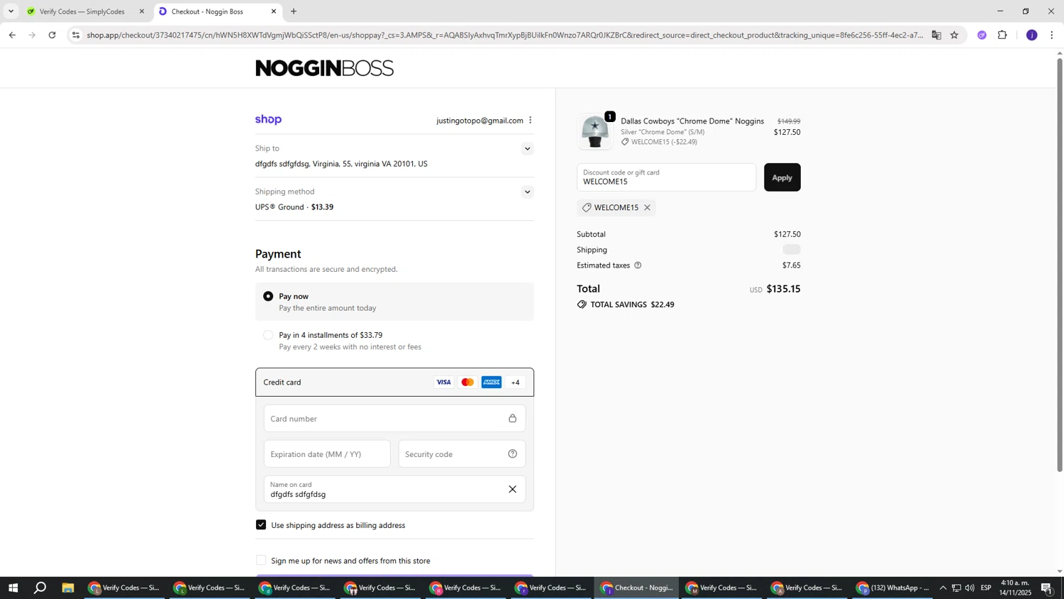 Noggin Boss discount code screenshot showing code WELCOME15 applied at Noggin Boss checkout page. Uploaded by SimplyCodes community member simplycodesssss on Nov 14, 2025