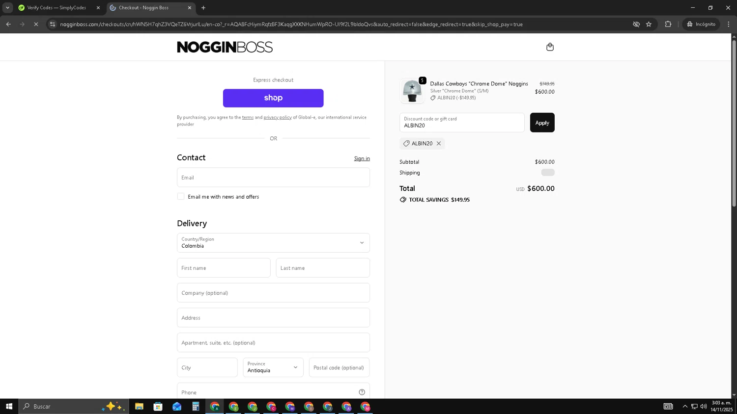 Noggin Boss discount code screenshot showing code ALBIN20 applied at Noggin Boss checkout page. Uploaded by SimplyCodes community member HAOJIN on Nov 14, 2025