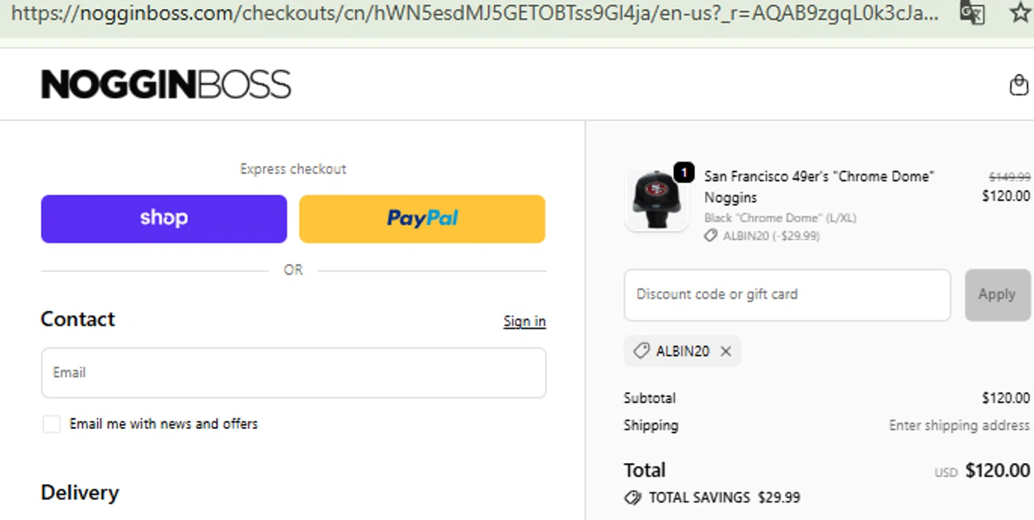 Noggin Boss discount code screenshot showing code ALBIN20 applied at Noggin Boss checkout page. Uploaded by SimplyCodes community member RewardFinder4836 on Nov 24, 2025