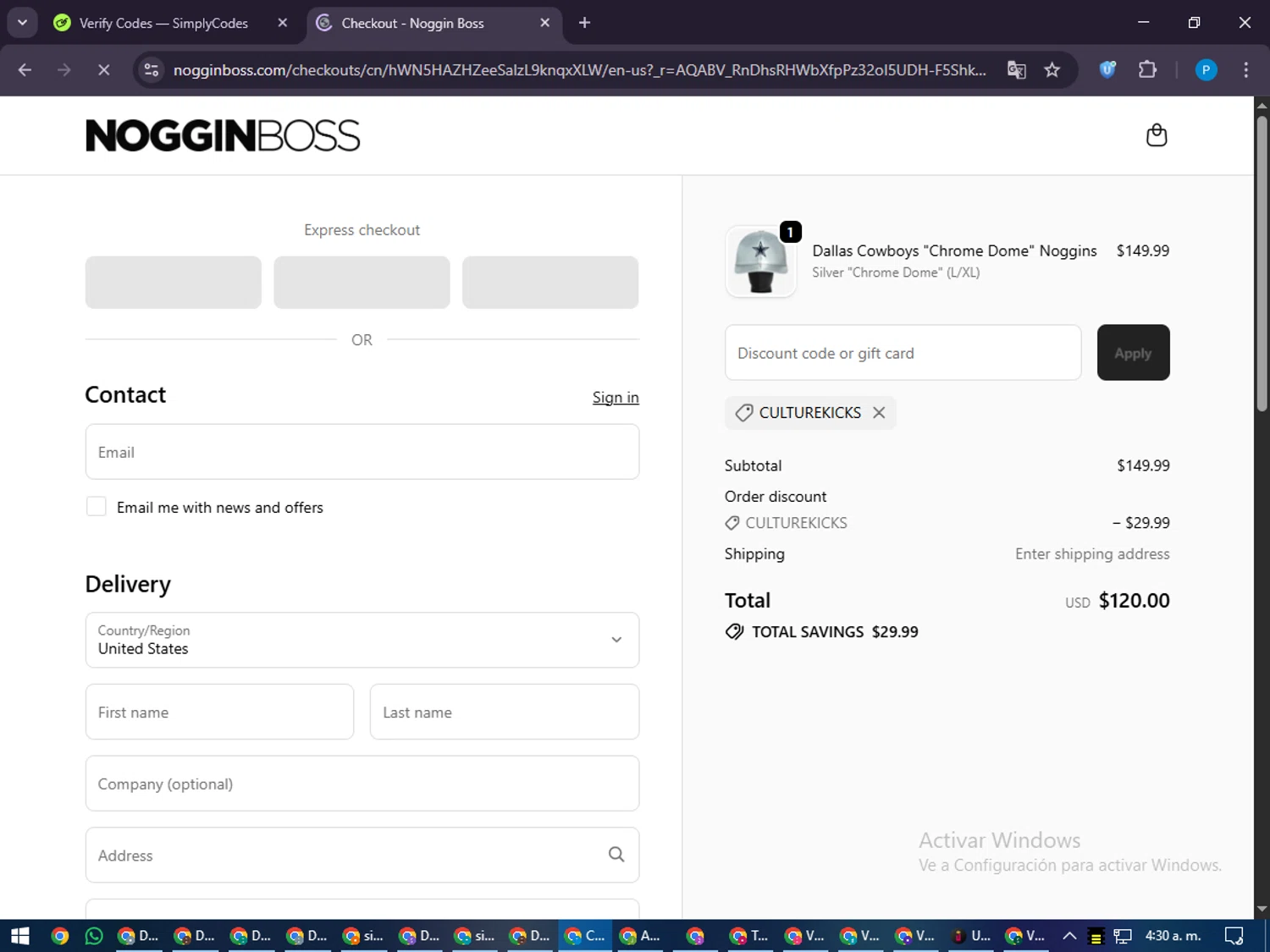Noggin Boss discount code screenshot showing code CULTUREKICKS applied at Noggin Boss checkout page. Uploaded by SimplyCodes community member juiceWRLD on Nov 14, 2025