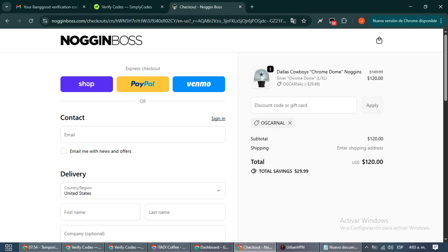 Noggin Boss discount code screenshot showing code OGCARNAL applied at Noggin Boss checkout page. Uploaded by SimplyCodes community member NobleAce2304 on Nov 14, 2025