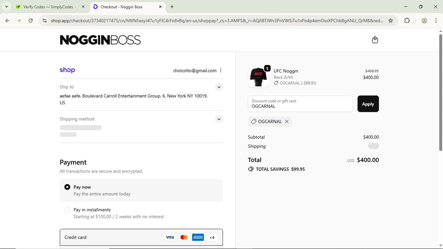 Noggin Boss discount code screenshot showing code OGCARNAL applied at Noggin Boss checkout page. Uploaded by SimplyCodes community member ScanPhoenix3549 on Nov 24, 2025
