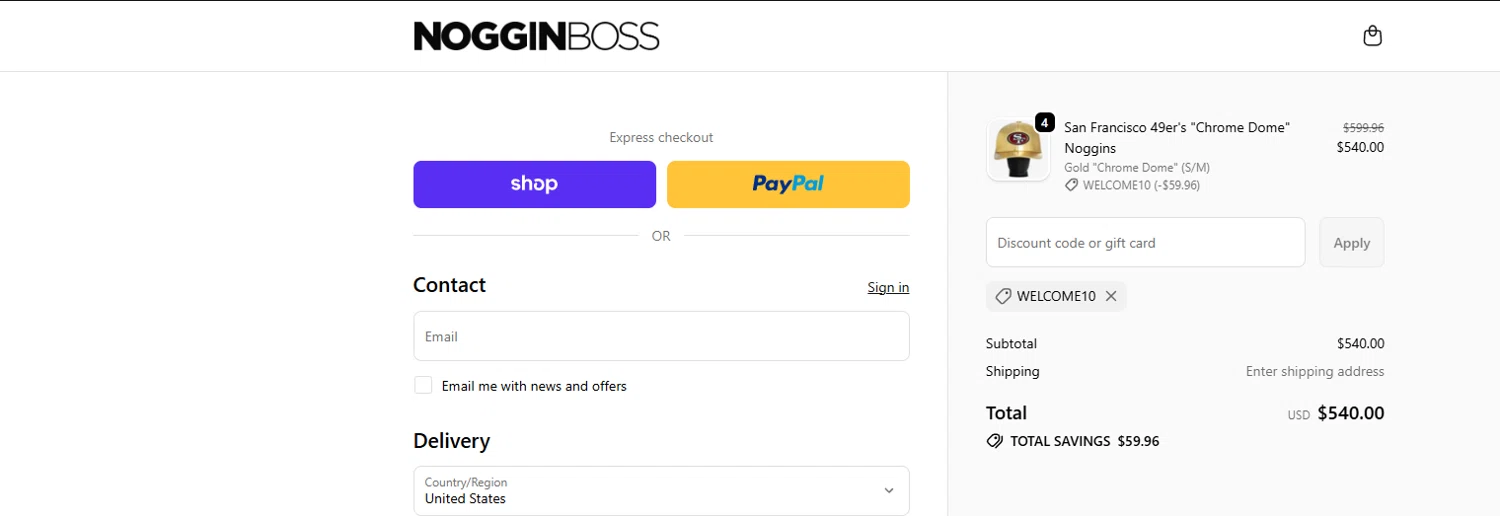 Noggin Boss discount code screenshot showing code WELCOME10 applied at Noggin Boss checkout page. Uploaded by SimplyCodes community member Halanweik on Jan 2, 2026
