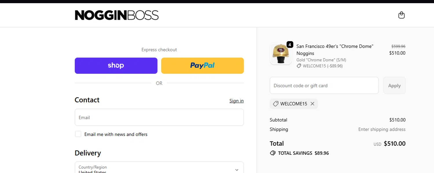 Noggin Boss discount code screenshot showing code WELCOME15 applied at Noggin Boss checkout page. Uploaded by SimplyCodes community member Handivlak on Jan 2, 2026