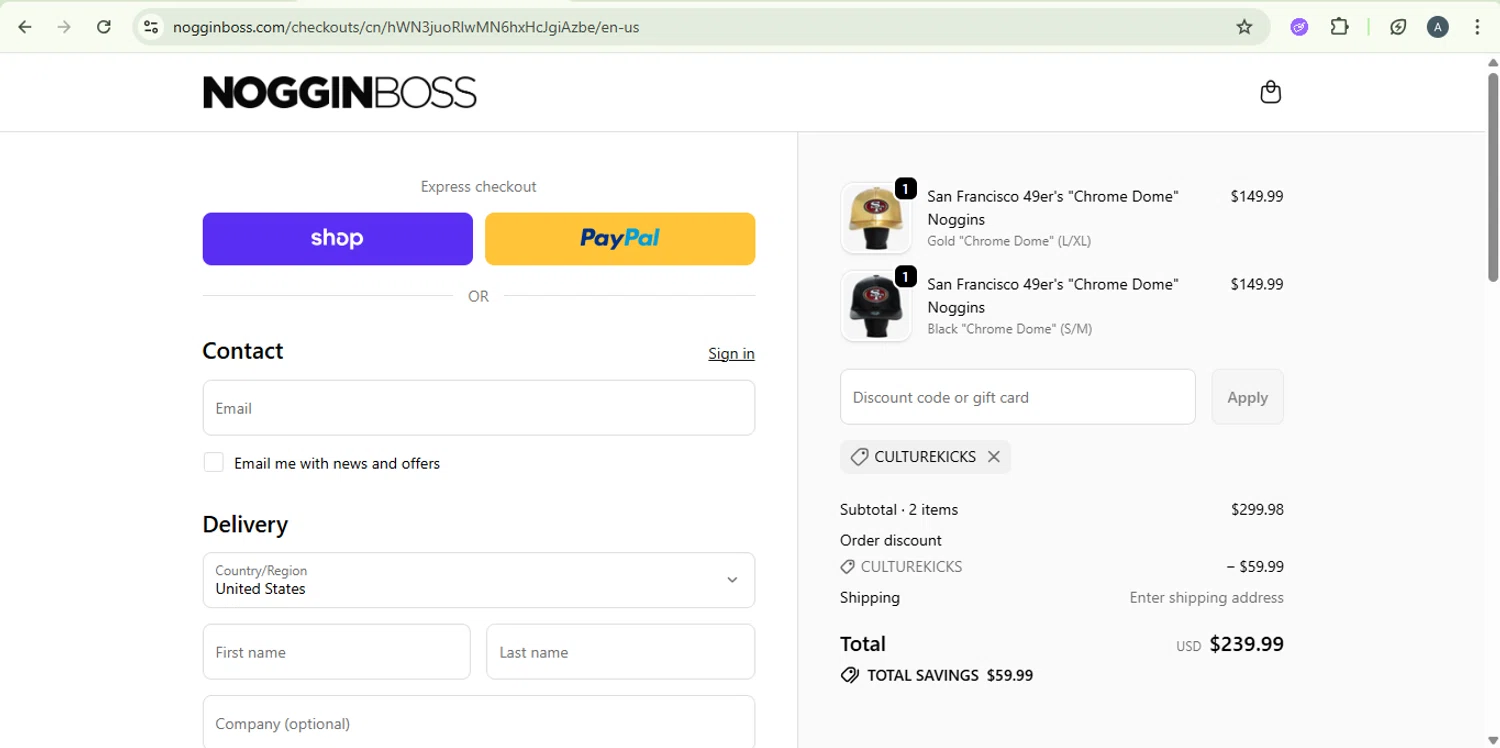 Noggin Boss discount code screenshot showing code CULTUREKICKS applied at Noggin Boss checkout page. Uploaded by SimplyCodes community member PromoExpert5262 on Oct 5, 2025