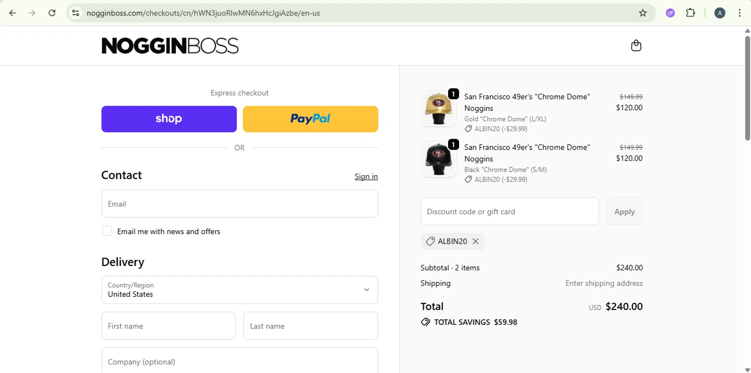 Noggin Boss discount code screenshot showing code ALBIN20 applied at Noggin Boss checkout page. Uploaded by SimplyCodes community member SaleSentinel7319 on Oct 5, 2025