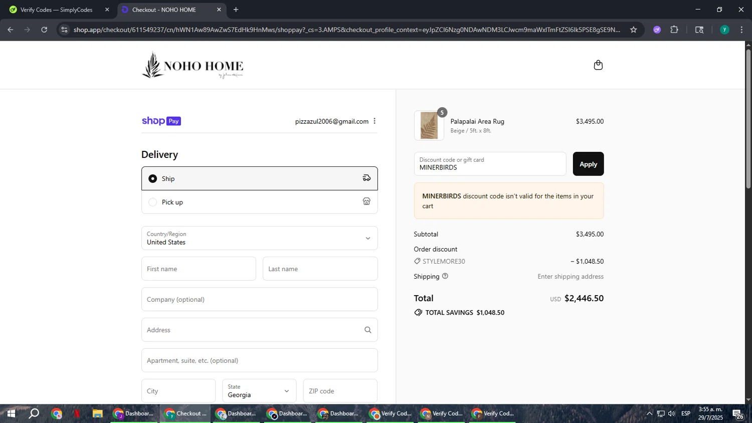 Noho Home discount code screenshot showing code MINERBIRDS applied at Noho Home checkout page. Uploaded by SimplyCodes community member FrugalCaptain6906 on Jul 29, 2025