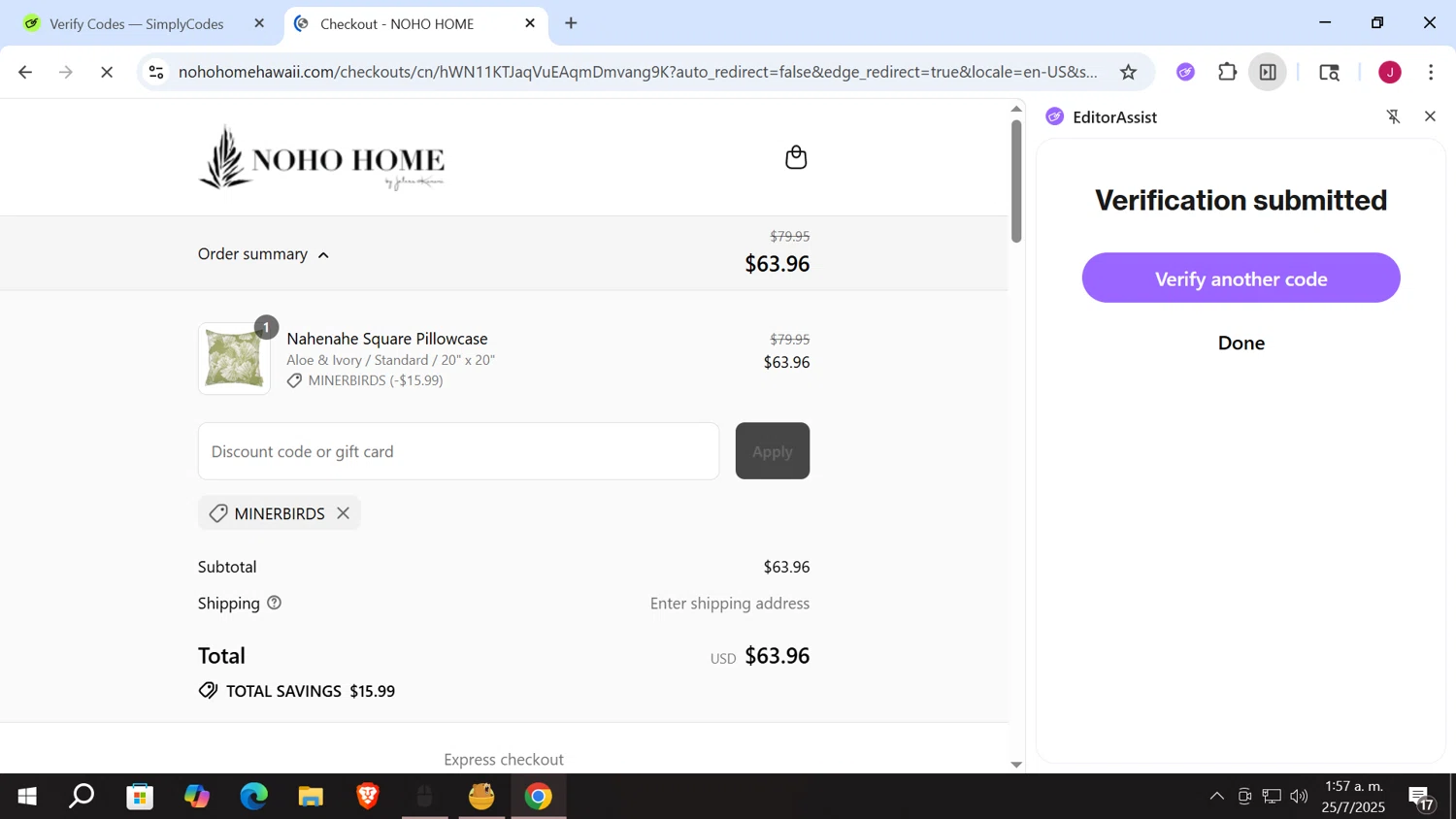Noho Home discount code screenshot showing code MINERBIRDS applied at Noho Home checkout page. Uploaded by SimplyCodes community member vergil_lains on Jul 25, 2025