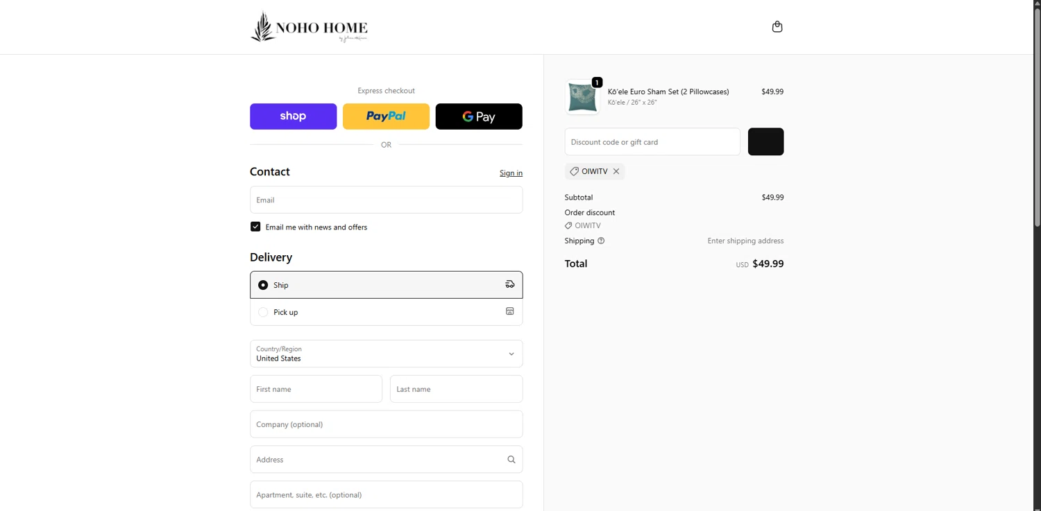 Noho Home checkout page showing Noho Home discount code box | Screenshot taken by SimplyCodes community member on Jan 14, 2026