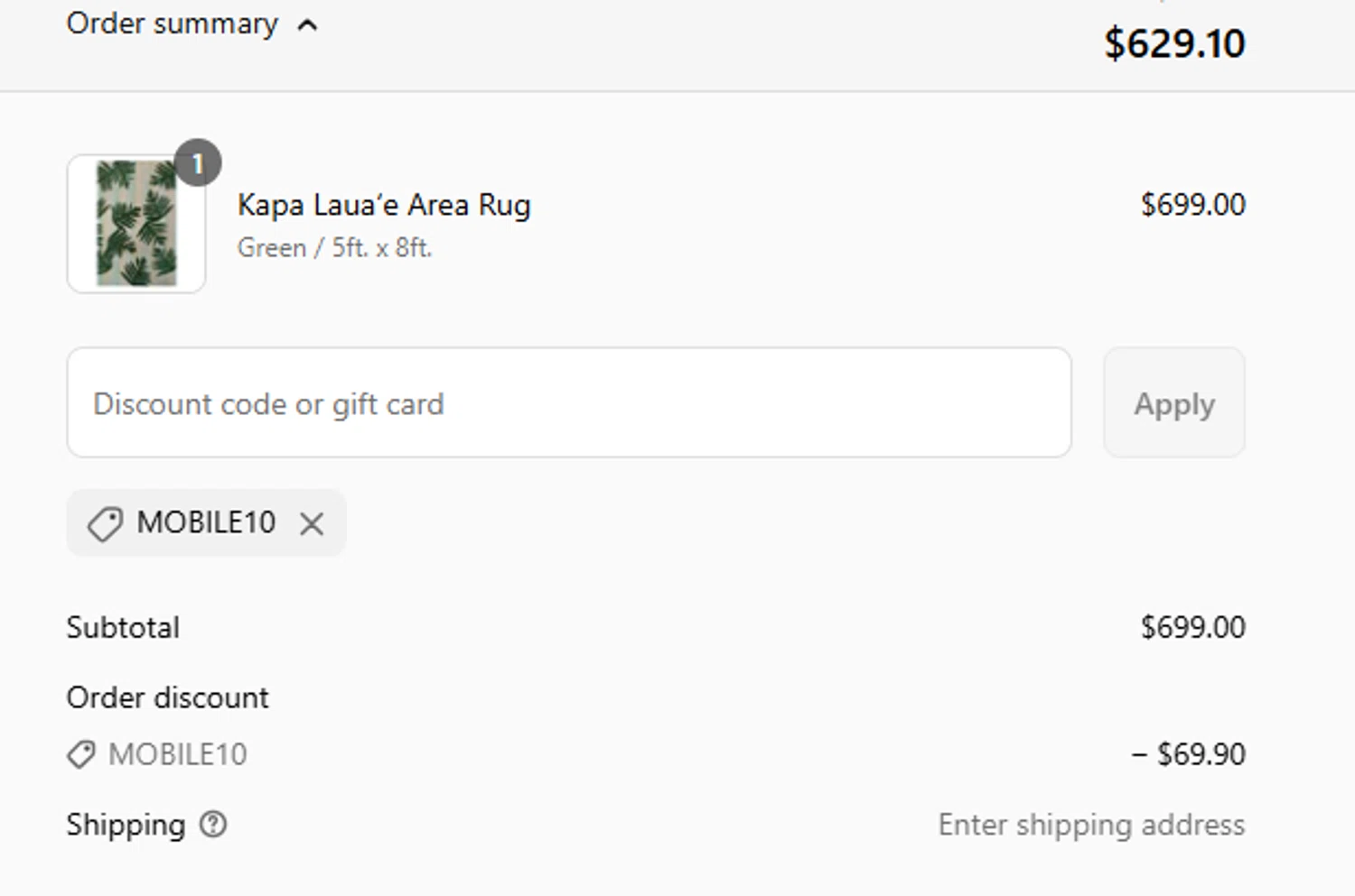 Noho Home discount code screenshot showing code Mobile10 applied at Noho Home checkout page. Uploaded by SimplyCodes community member yasmiragonzalez on Jul 16, 2025
