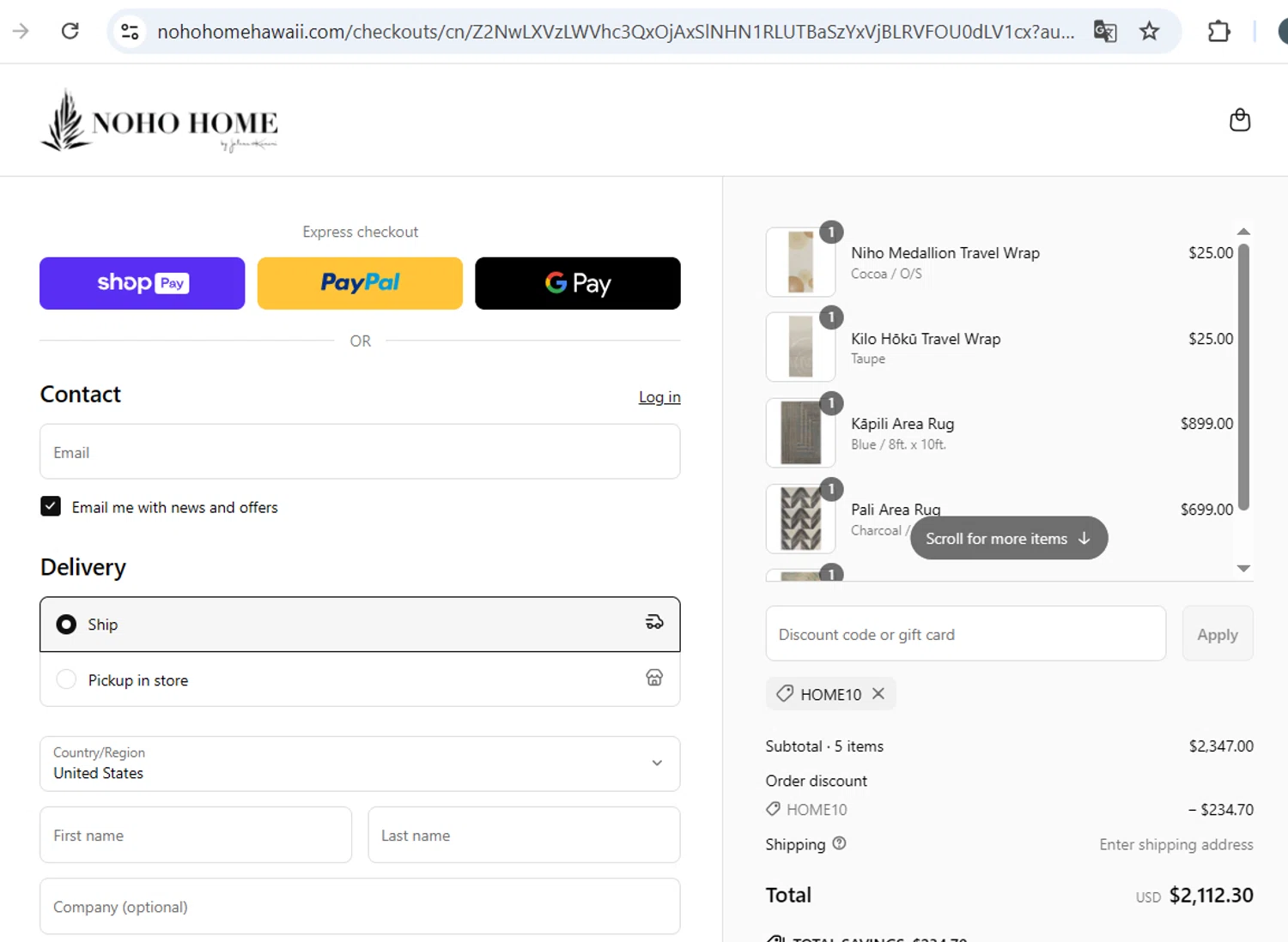Noho Home discount code screenshot showing code home10 applied at Noho Home checkout page. Uploaded by SimplyCodes community member vida5254427716958 on May 1, 2025