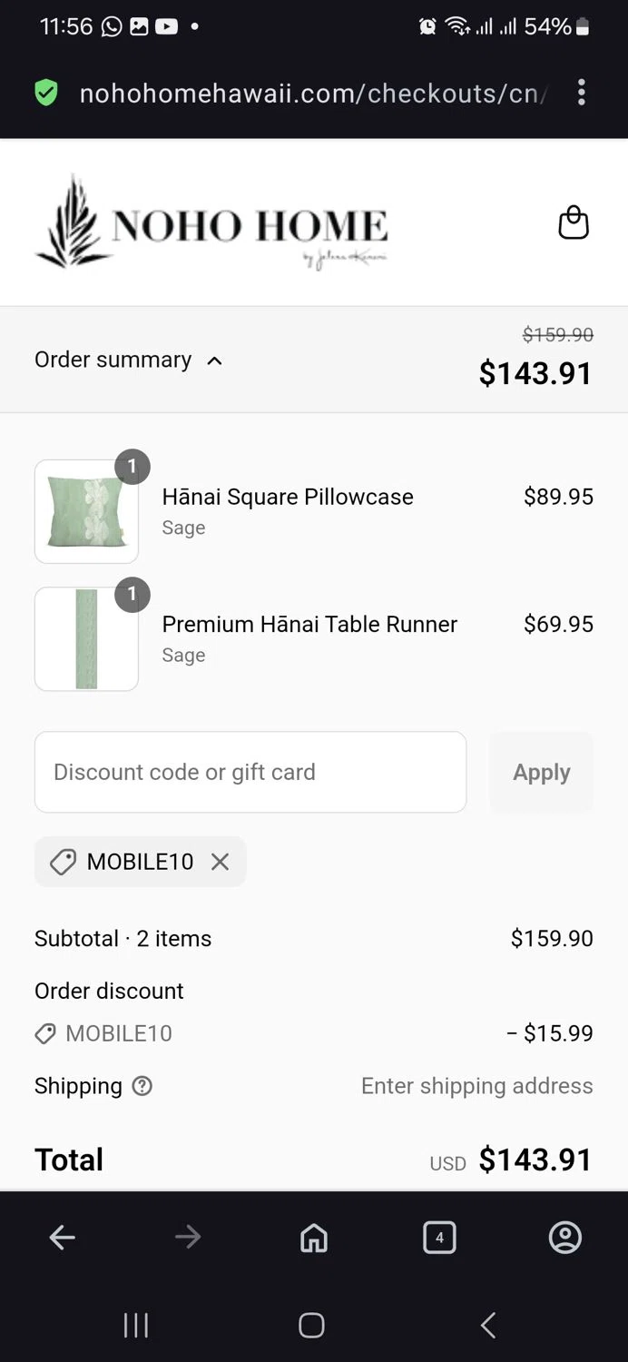Noho Home discount code screenshot showing code Mobile10 applied at Noho Home checkout page. Uploaded by SimplyCodes community member vida5254427716958 on May 3, 2025