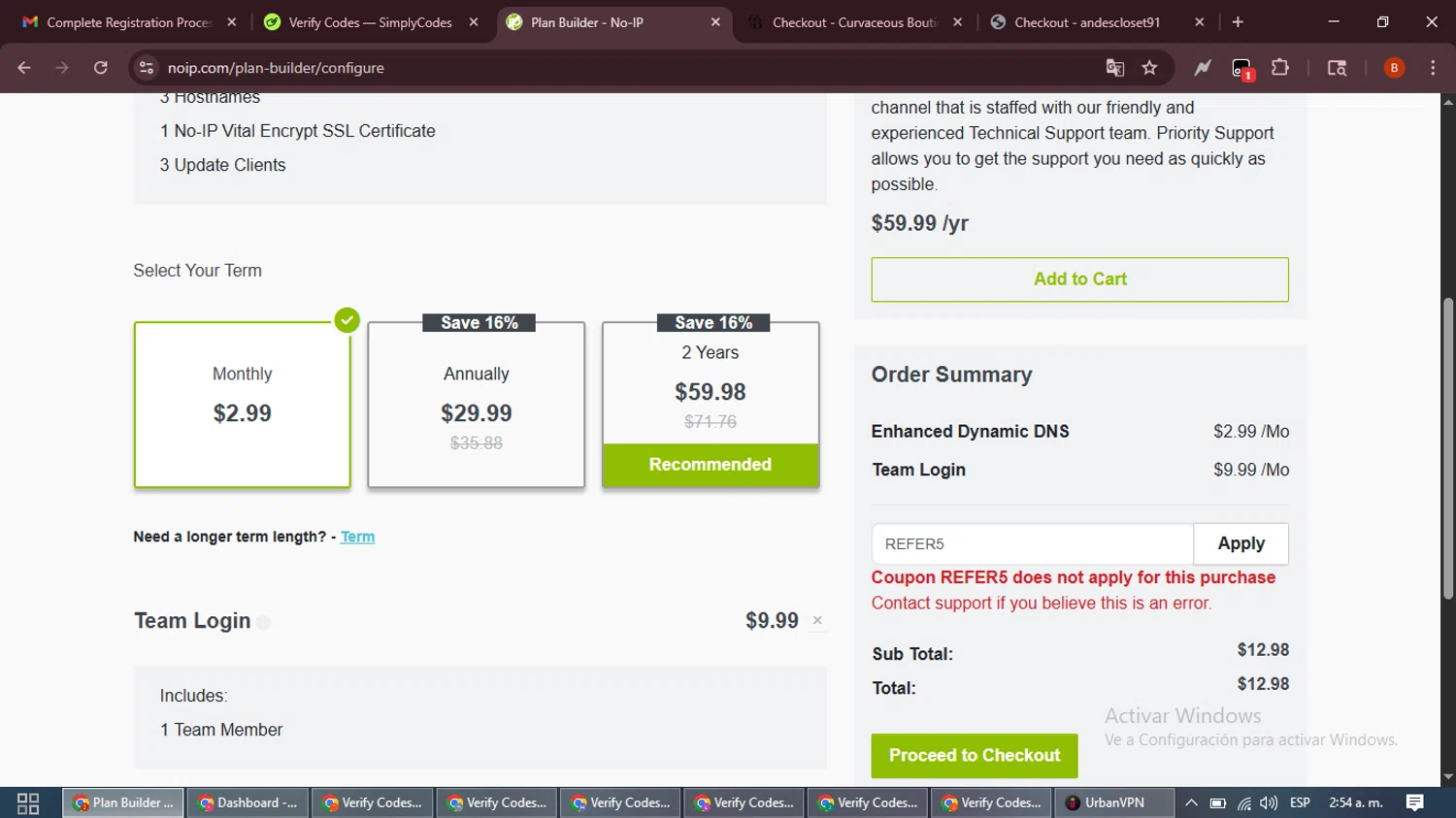 No-IP coupon code screenshot showing code REFER5 applied at No-IP checkout page. Uploaded by SimplyCodes community member DiscountExpert6435 on Dec 2, 2025