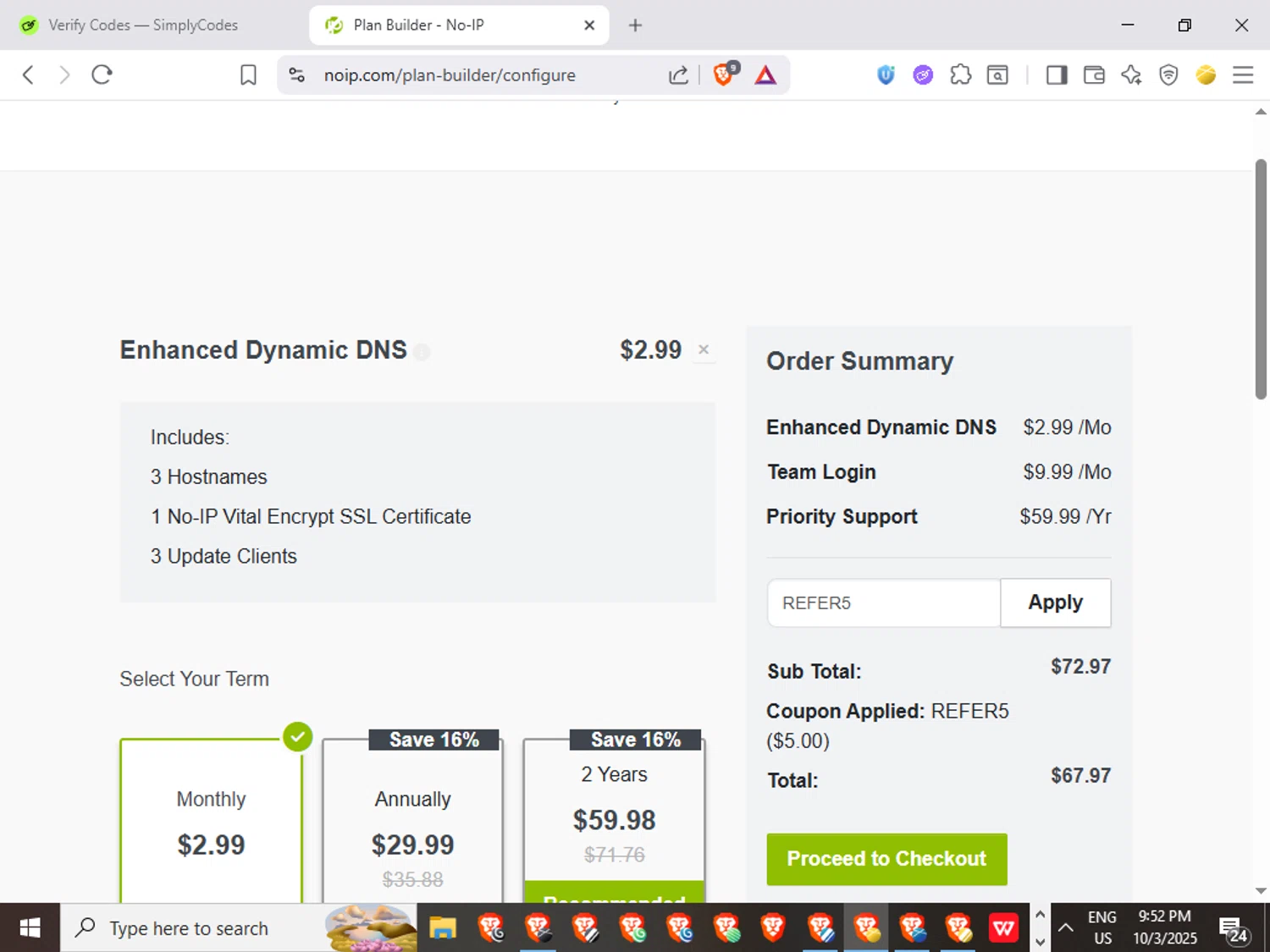 No-IP coupon code screenshot showing code REFER5 applied at No-IP checkout page. Uploaded by SimplyCodes community member QuestWarden1268 on Oct 4, 2025