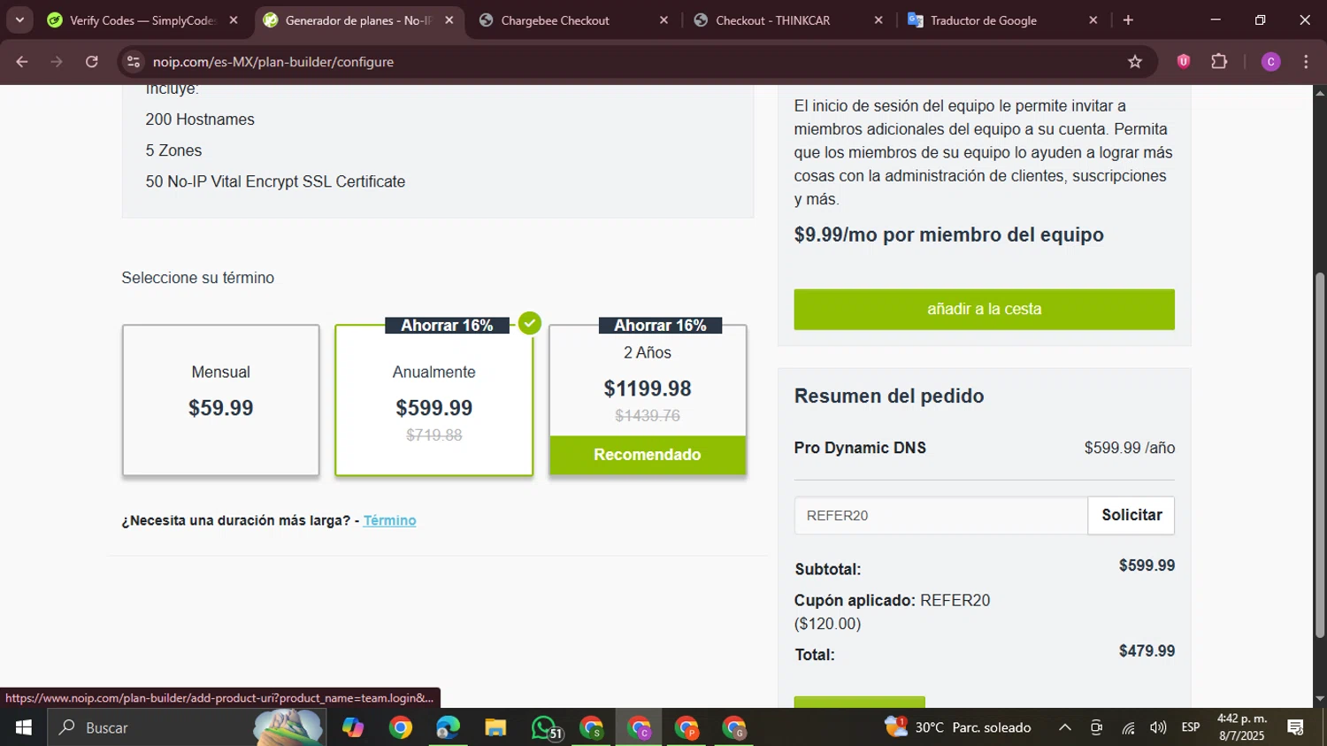 No-IP coupon code screenshot showing code REFER20 applied at No-IP checkout page. Uploaded by SimplyCodes community member FrugalPro5078 on Jul 8, 2025