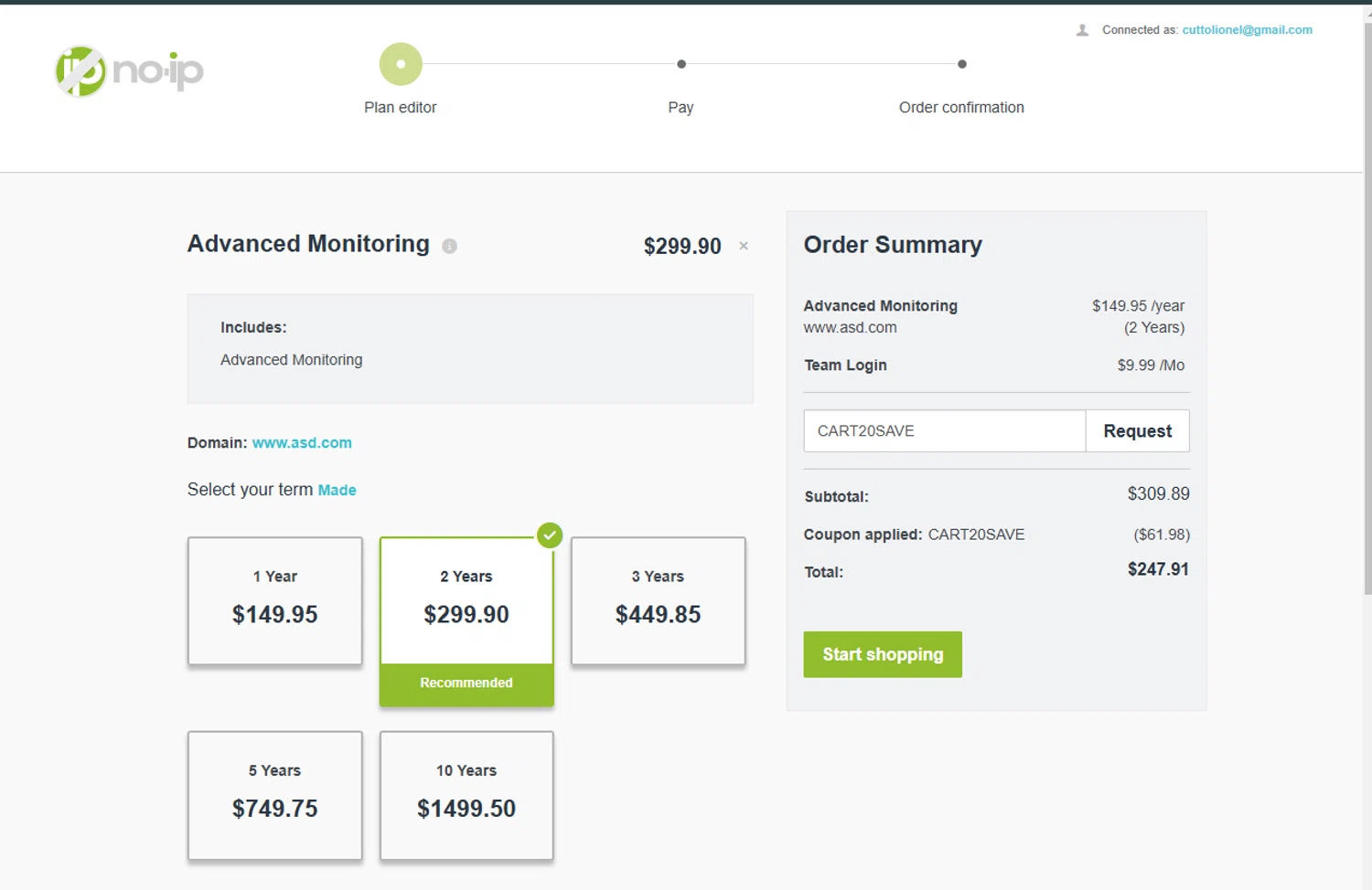 No-IP coupon code screenshot showing code CART20SAVE applied at No-IP checkout page. Uploaded by SimplyCodes community member SmartFinder4193 on Mar 24, 2025