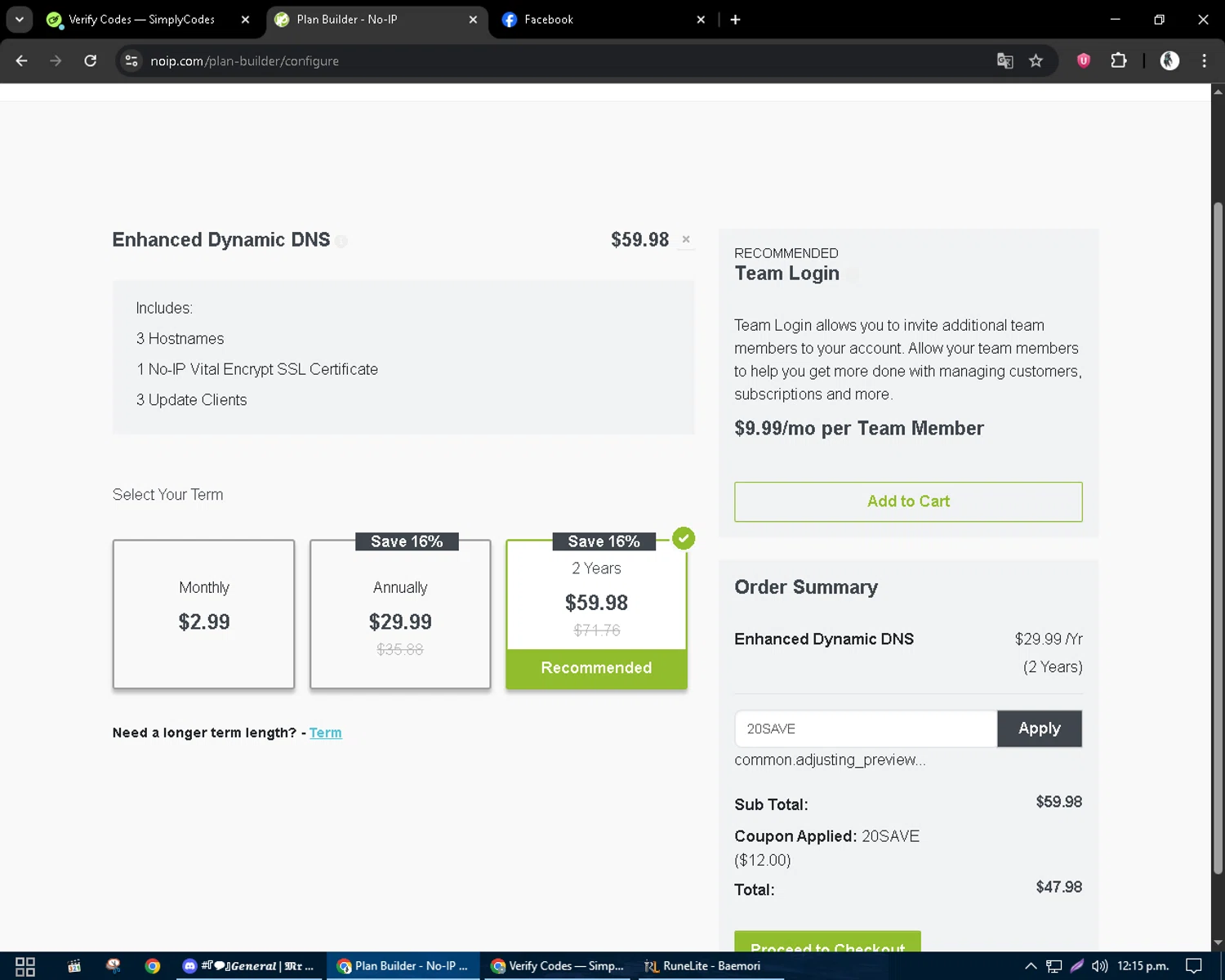 No-IP coupon code screenshot showing code 20SAVE applied at No-IP checkout page. Uploaded by SimplyCodes community member CleverSentinel9441 on Oct 3, 2025