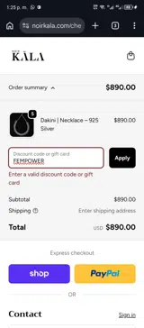 NOIR KĀLA coupon verification screenshot