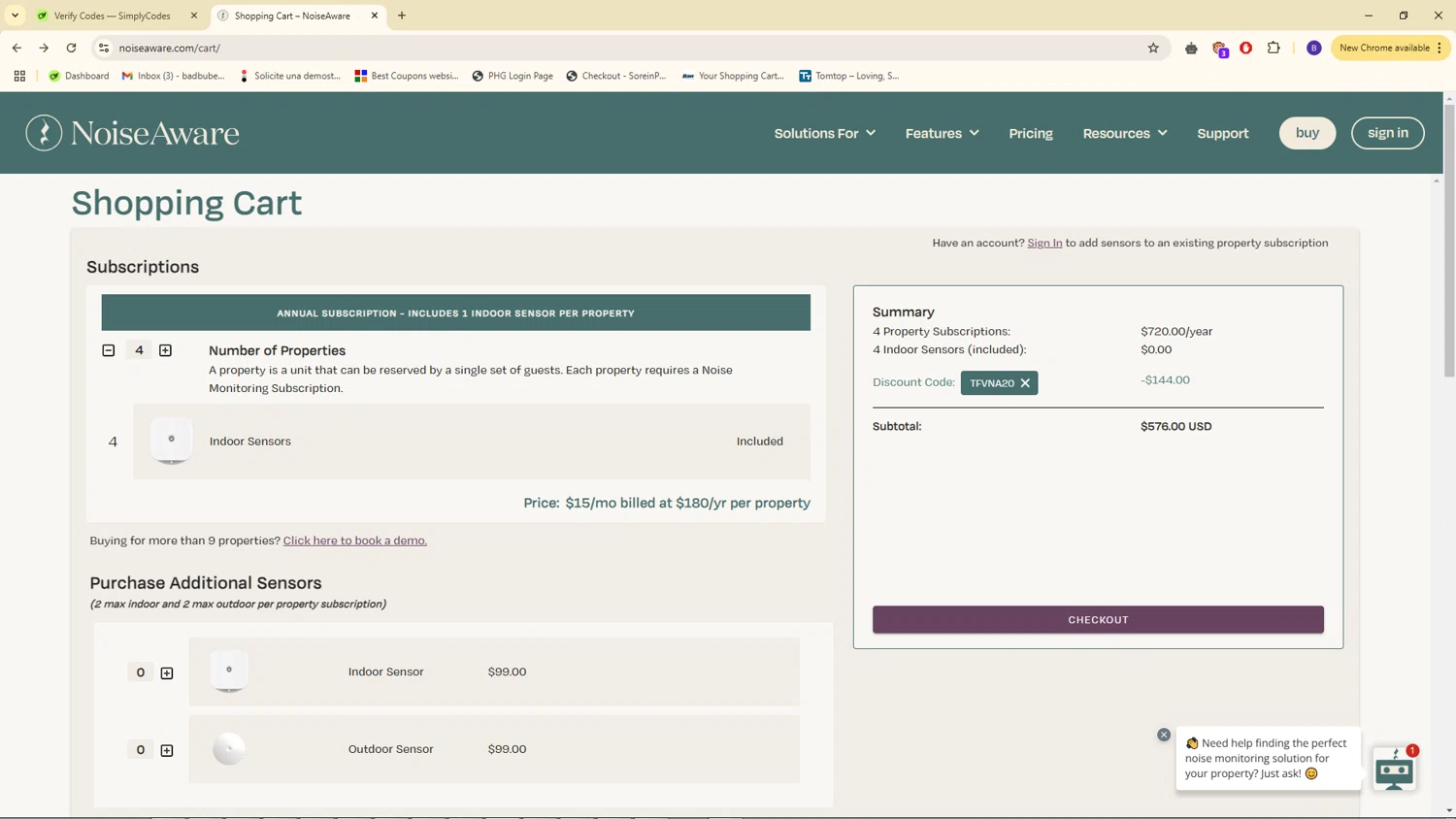 NoiseAware coupon code screenshot showing code TFVNA20 applied at NoiseAware checkout page. Uploaded by SimplyCodes community member WiseSeeker4854 on Dec 28, 2024