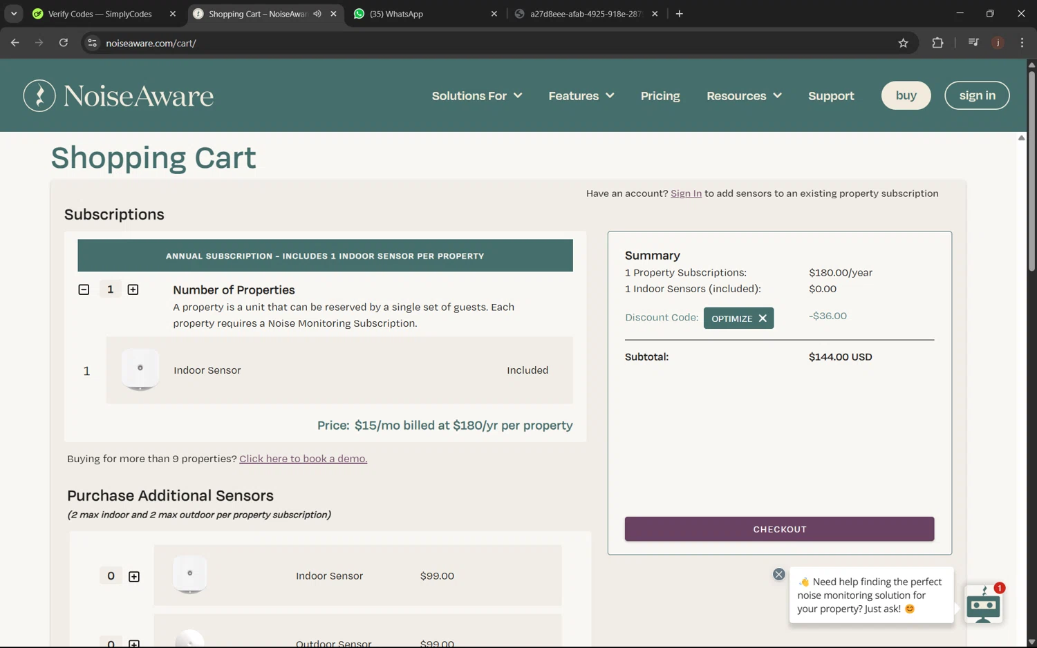 NoiseAware coupon code screenshot showing code OPTIMIZE applied at NoiseAware checkout page. Uploaded by SimplyCodes community member juanx1702 on Apr 2, 2025