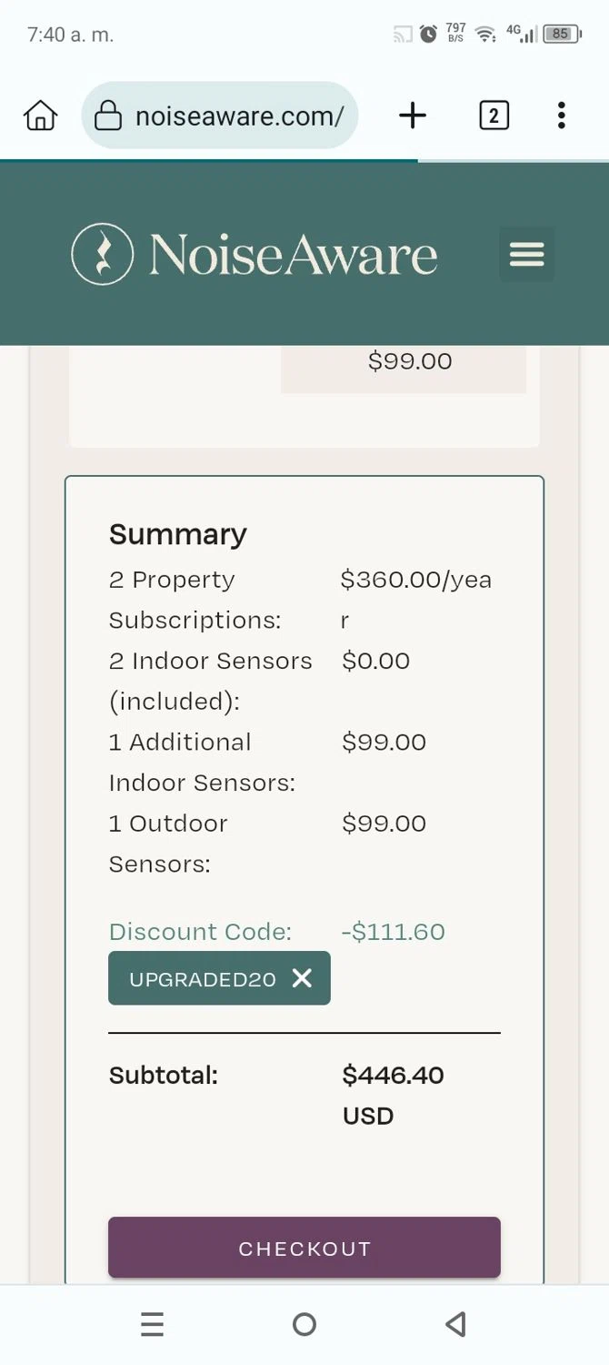 NoiseAware coupon code screenshot showing code UPGRADED20 applied at NoiseAware checkout page. Uploaded by SimplyCodes community member Anthony_Diaz on Jan 16, 2025