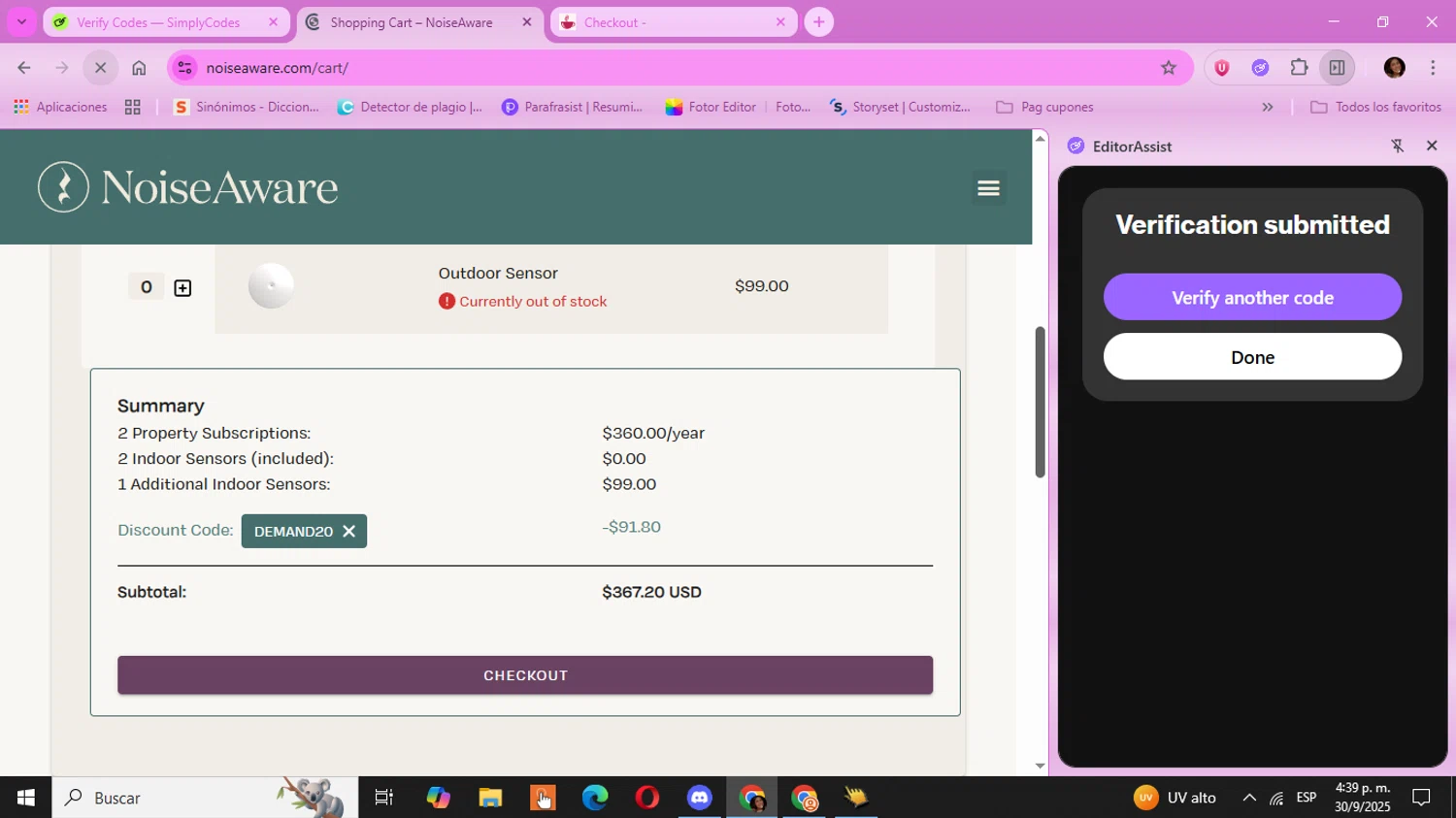 NoiseAware coupon code screenshot showing code DEMAND20 applied at NoiseAware checkout page. Uploaded by SimplyCodes community member Kulomii on Sep 30, 2025