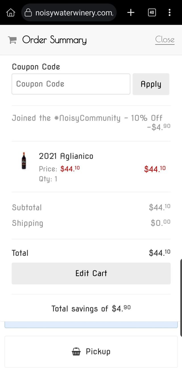 Noisy Water Winery checkout page showing Noisy Water Winery coupon code box | Screenshot taken by SimplyCodes community member on Feb 15, 2025