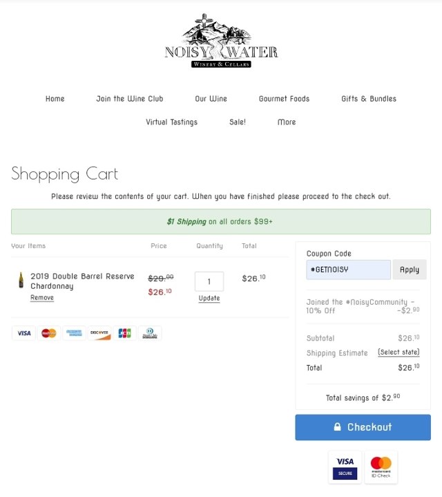 Noisy Water Winery checkout page showing Noisy Water Winery coupon code box | Screenshot taken by SimplyCodes community member on May 2, 2021