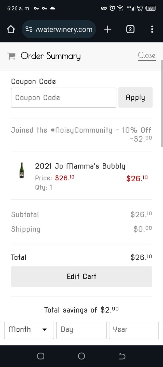 Noisy Water Winery checkout page showing Noisy Water Winery coupon code box | Screenshot taken by SimplyCodes community member on Jan 12, 2024