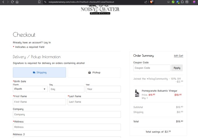 Noisy Water Winery checkout page showing Noisy Water Winery coupon code box | Screenshot taken by SimplyCodes community member on Jun 29, 2025