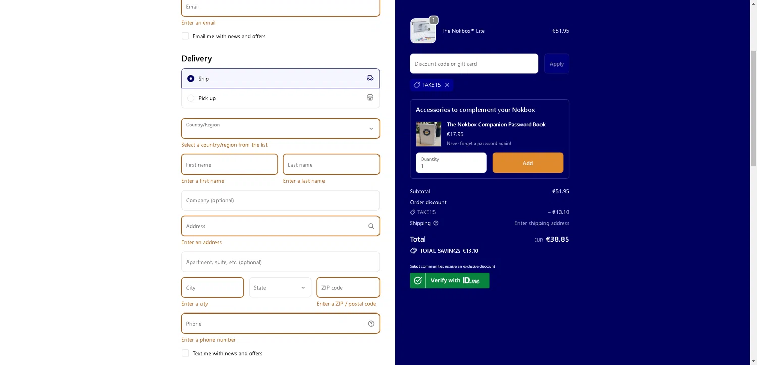 Nokbox discount code screenshot showing code TAKE15 applied at Nokbox checkout page. Uploaded by SimplyCodes community member BargainCurator5453 on Oct 15, 2025