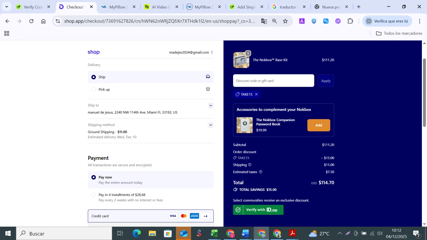 Nokbox discount code screenshot showing code TAKE15 applied at Nokbox checkout page. Uploaded by SimplyCodes community member MANUELURBINA on Dec 4, 2025