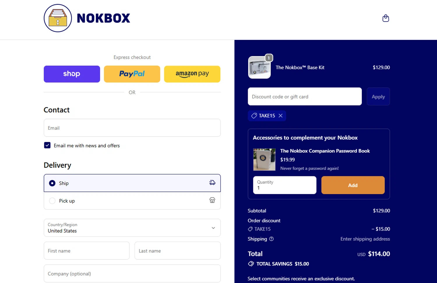 Nokbox discount code screenshot showing code TAKE15 applied at Nokbox checkout page. Uploaded by SimplyCodes community member VoucherVirtuoso2520 on Oct 19, 2025
