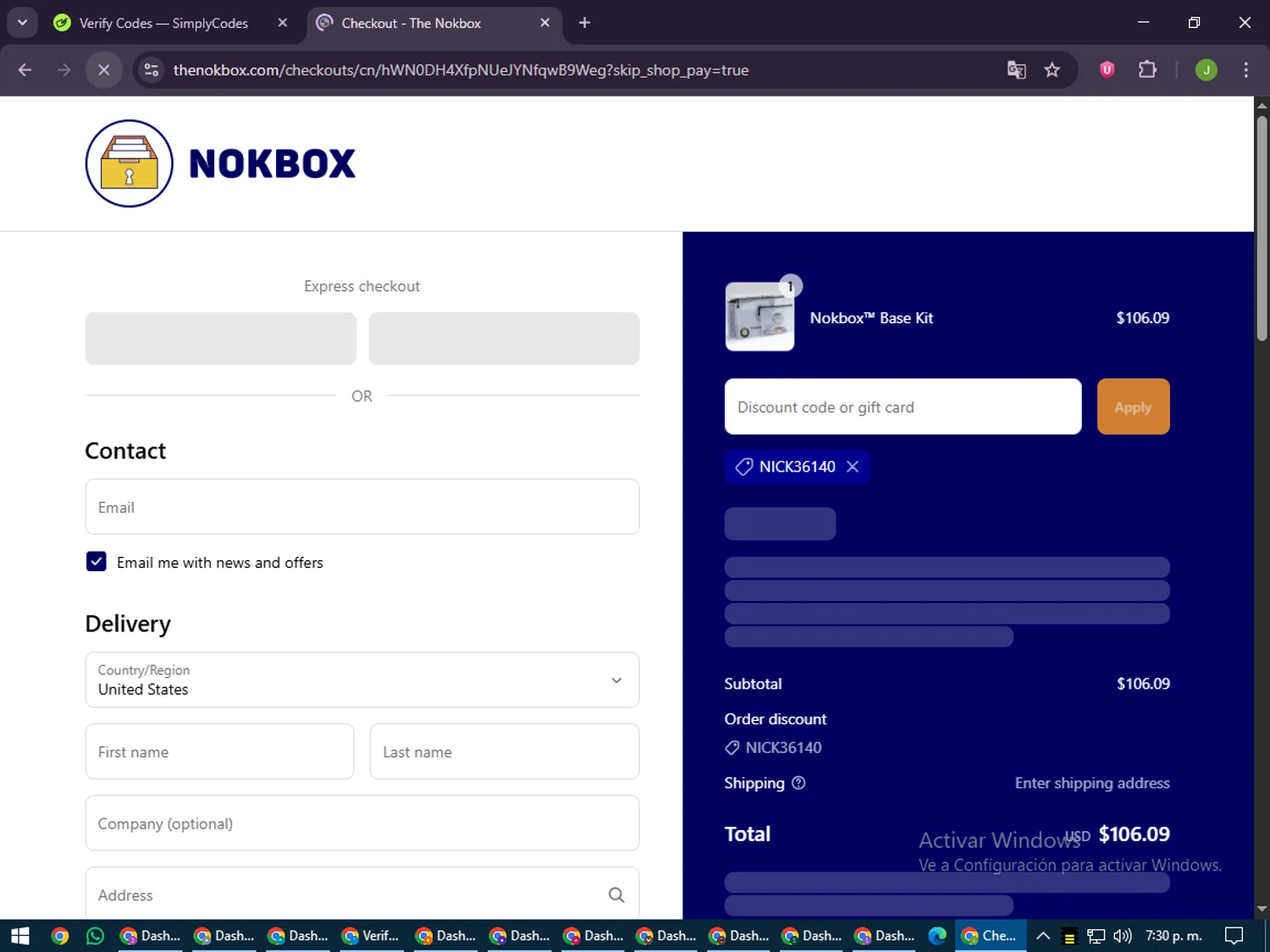 Nokbox discount code screenshot showing code NICK36140 applied at Nokbox checkout page. Uploaded by SimplyCodes community member LilBaby on Jul 3, 2025