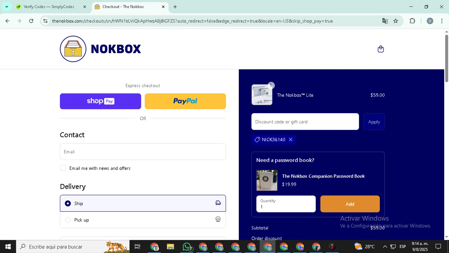 Nokbox discount code screenshot showing code NICK36140 applied at Nokbox checkout page. Uploaded by SimplyCodes community member SavingsHero4493 on Aug 9, 2025