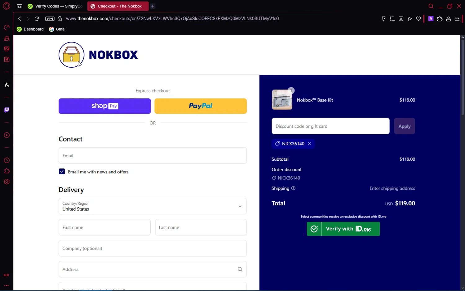 Nokbox discount code screenshot showing code NICK36140 applied at Nokbox checkout page. Uploaded by SimplyCodes community member ShrewdPioneer2612 on May 28, 2025