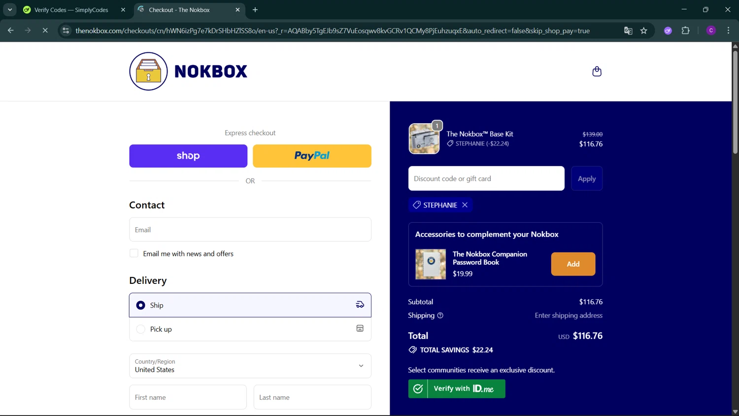 Nokbox discount code screenshot showing code STEPHANIE applied at Nokbox checkout page. Uploaded by SimplyCodes community member GoldSeeker3096 on Dec 22, 2025