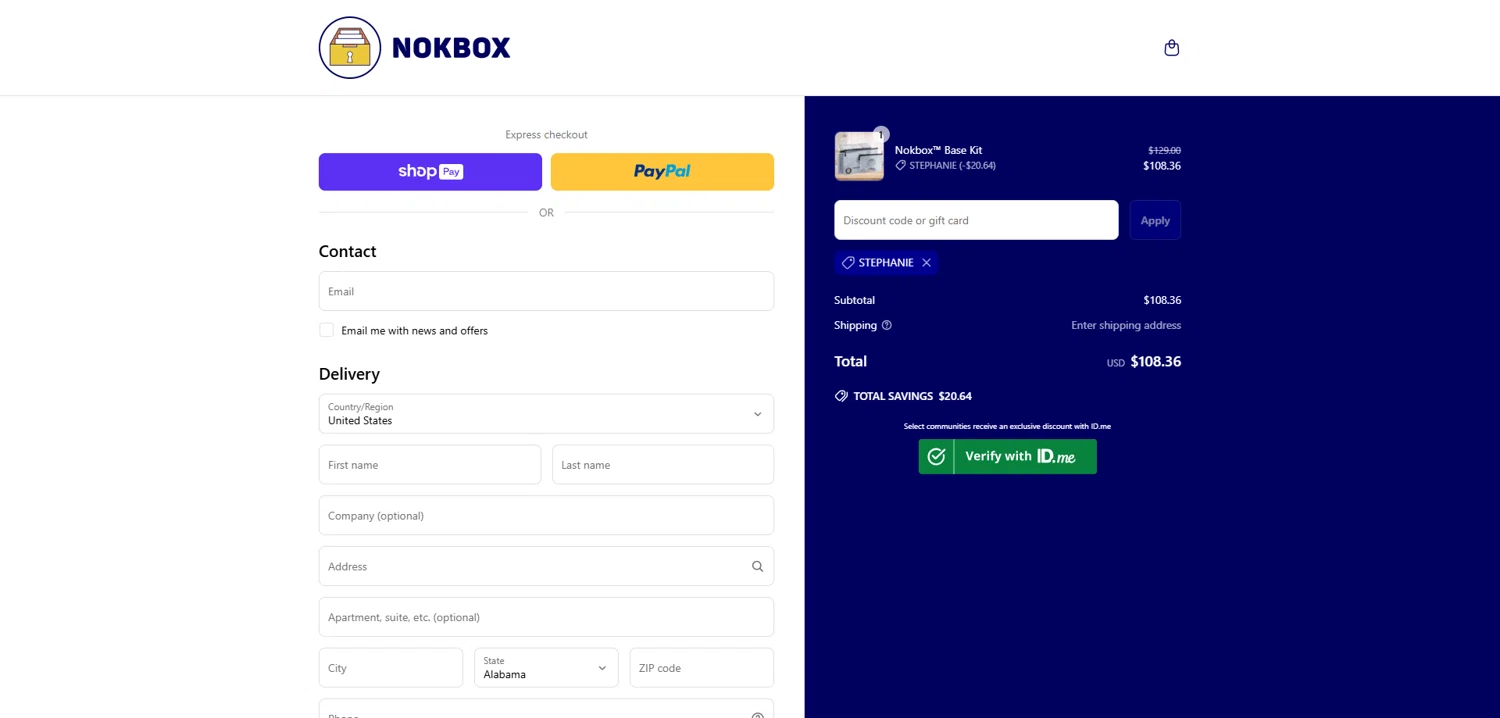 Nokbox discount code screenshot showing code STEPHANIE applied at Nokbox checkout page. Uploaded by SimplyCodes community member Dorothy on Jun 2, 2025