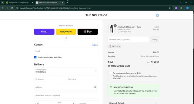 Noli Yoga checkout page showing Noli Yoga promo code box | Screenshot taken by SimplyCodes community member on Sep 15, 2025
