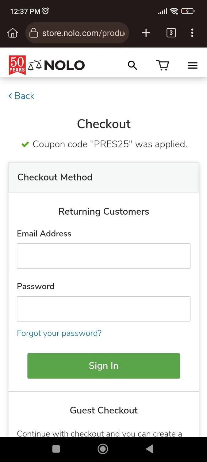 Nolo promo code screenshot showing code PRES25 applied at Nolo checkout page. Uploaded by SimplyCodes community member CrownLion2750 on Feb 19, 2026