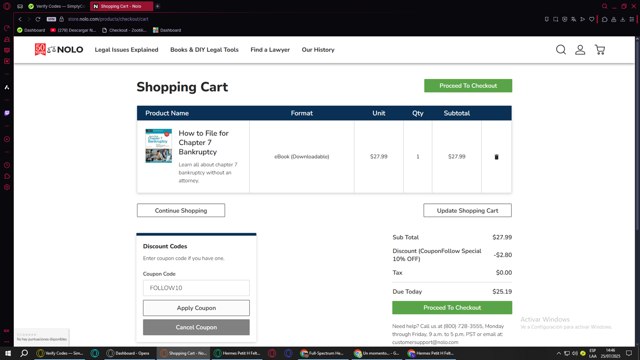 Nolo checkout page showing Nolo discount code box | Screenshot taken by SimplyCodes community member on Jul 25, 2025