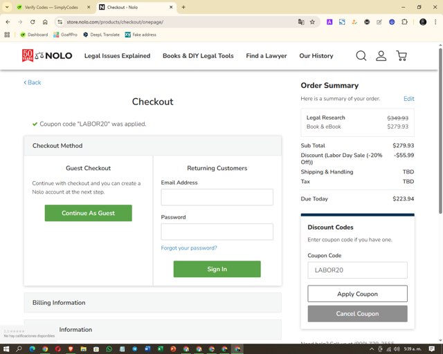 Nolo checkout page showing Nolo discount code box | Screenshot taken by SimplyCodes community member on Aug 25, 2025