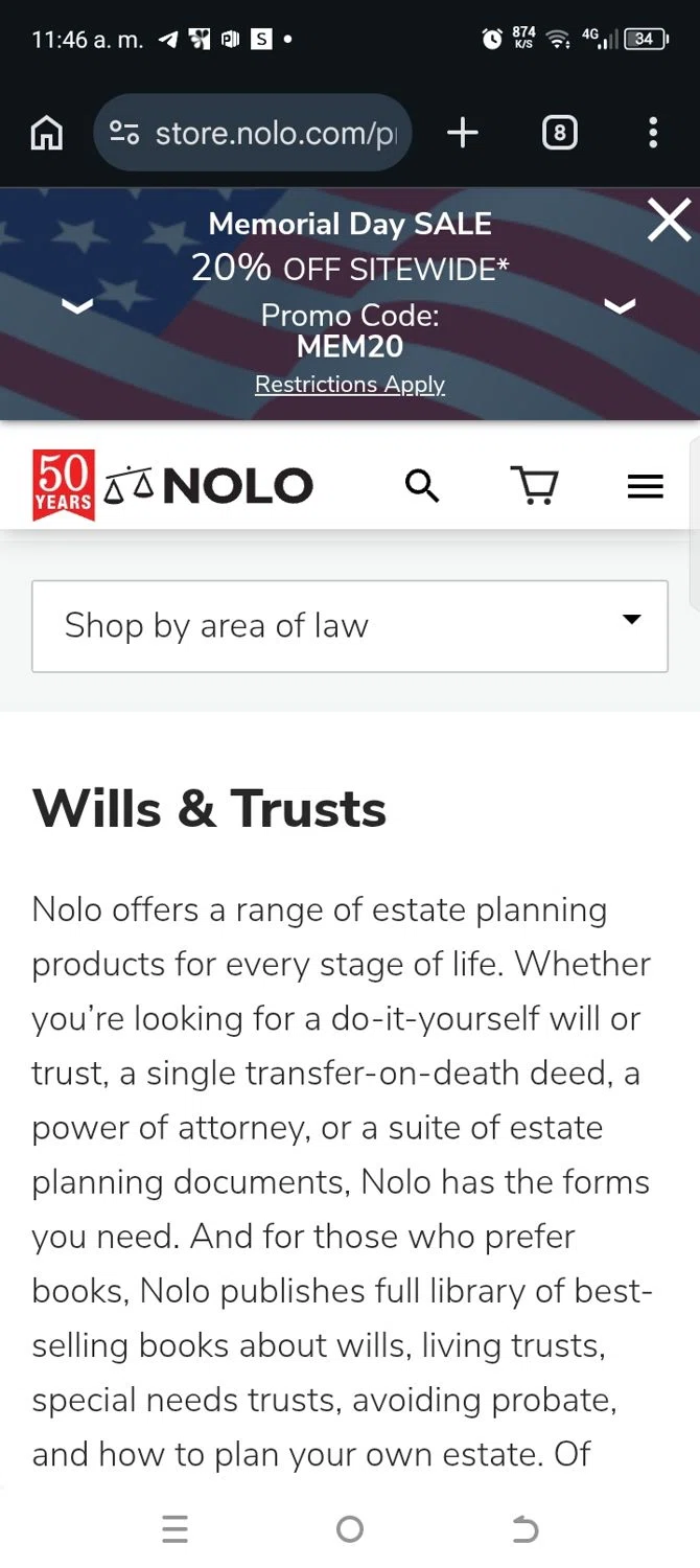 Nolo promo code screenshot showing code Mem20 applied at Nolo checkout page. Uploaded by SimplyCodes community member kellymoreno on May 19, 2026