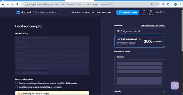 Nomad App checkout page showing Nomad App promo code box | Screenshot taken by SimplyCodes community member on Sep 11, 2025
