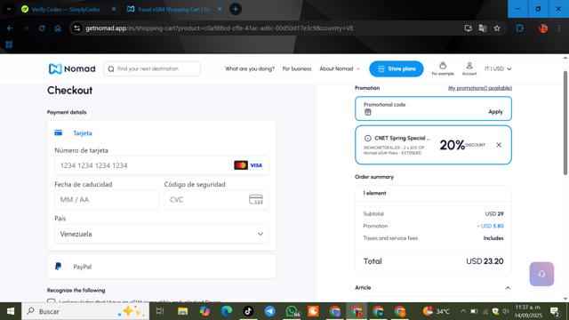 Nomad App checkout page showing Nomad App promo code box | Screenshot taken by SimplyCodes community member on Sep 14, 2025