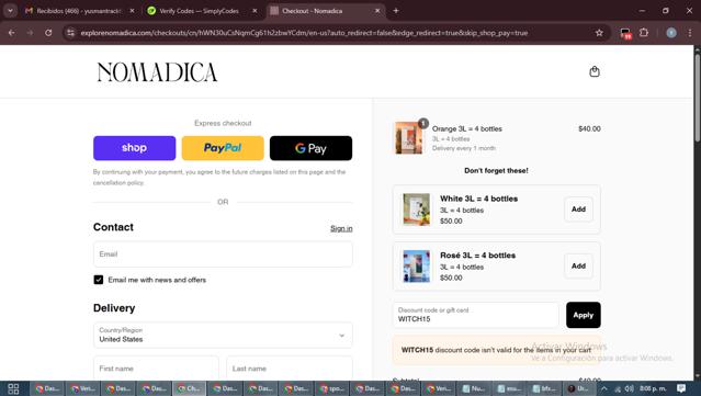 Nomadica Wine checkout page showing Nomadica Wine promo code box | Screenshot taken by SimplyCodes community member on Sep 15, 2025