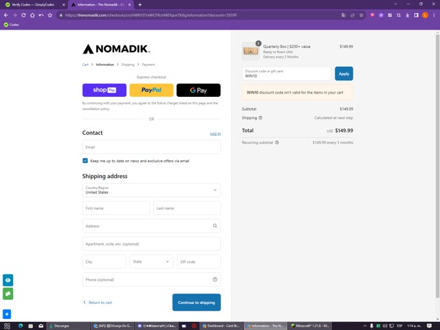 The Nomadik checkout page showing The Nomadik promo code box | Screenshot taken by SimplyCodes community member on Jul 30, 2025