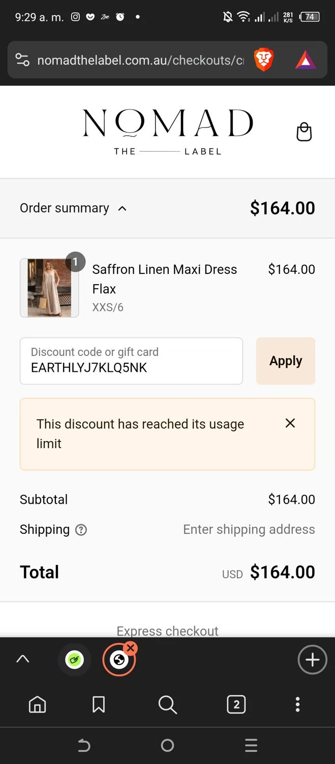 Nomad the Label discount code screenshot showing code EARTHLYJ7KLQ5NK applied at Nomad the Label checkout page. Uploaded by SimplyCodes community member BeaMartinez on Jan 18, 2025