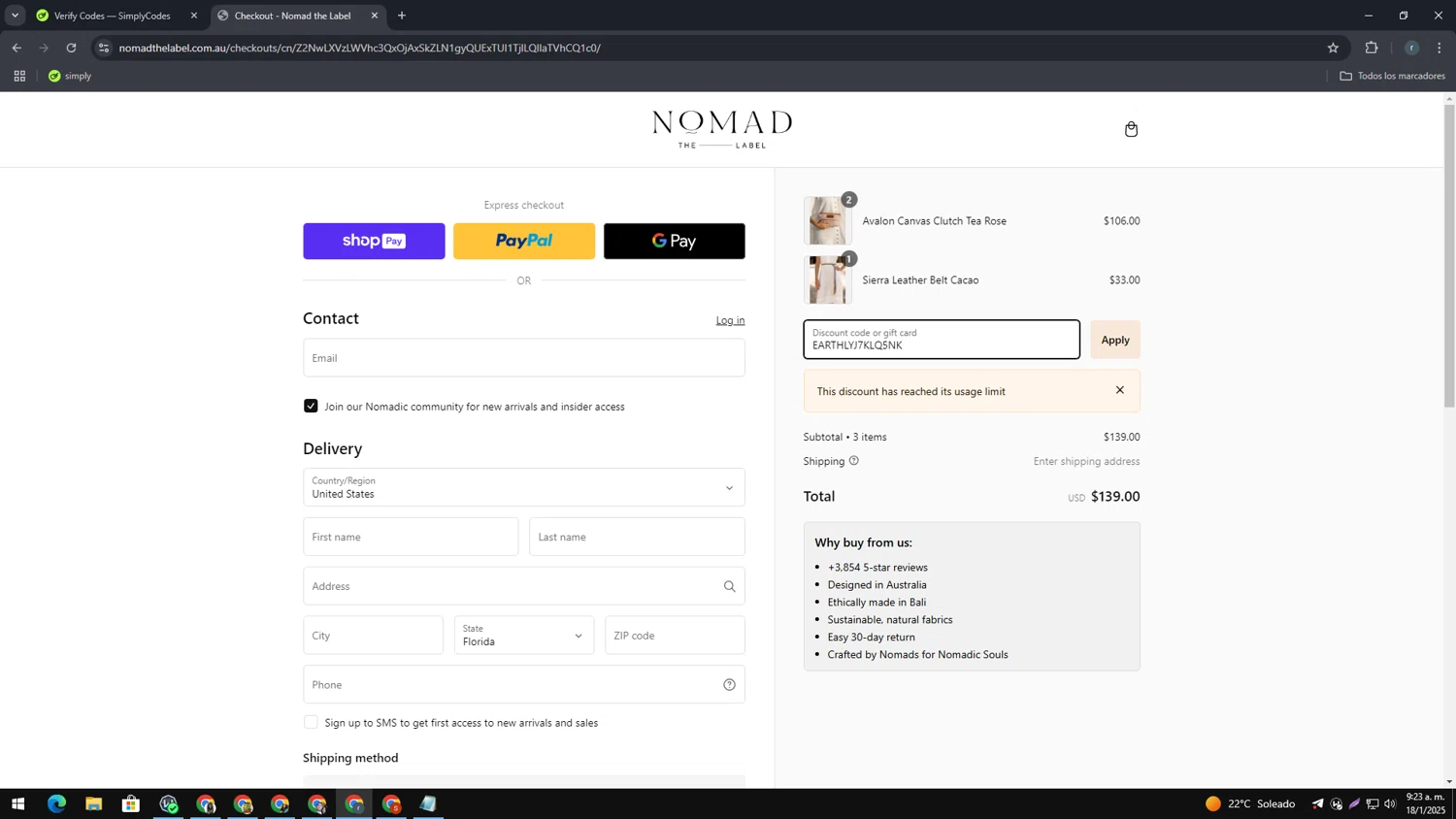 Nomad the Label discount code screenshot showing code EARTHLYJ7KLQ5NK applied at Nomad the Label checkout page. Uploaded by SimplyCodes community member TreasureEagle7585 on Jan 18, 2025